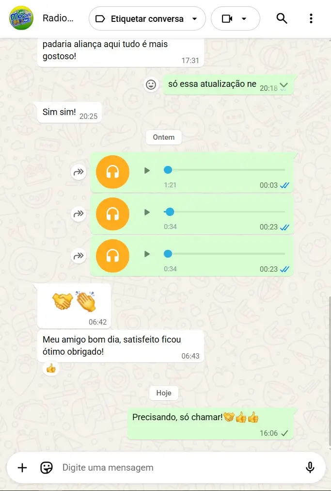 Print de WhatsApp de cliente satisfeito com a locução — Locutores ON