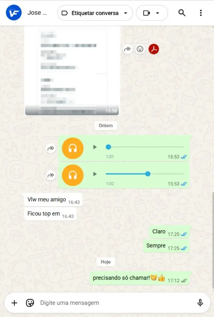 Print de WhatsApp de cliente satisfeito com a locução — Locutores ON