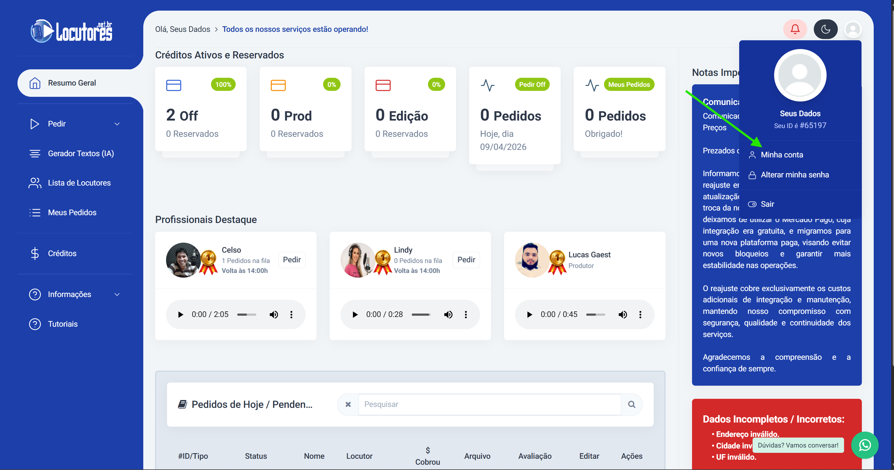 Menu do usuário — selecione "Minha conta"